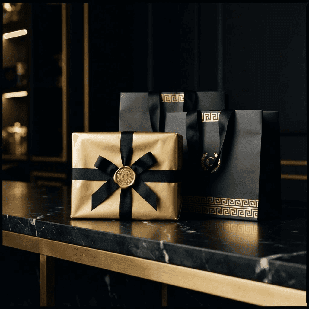Luxury gift package and shopping bags on black marble representing concierge sourcing